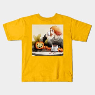 Drinking Coffee Halloween Autumn Moods Kids T-Shirt